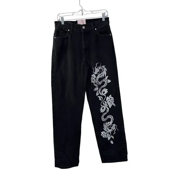 REVICE Women's Black Denim Straight Leg Rose & Dragon Jeans Button Fly 28 - Picture 2 of 8